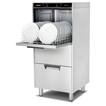 AD51 Commercial Dishwasher side one with full basket of plates inside