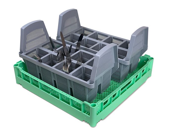 500mm Green Open Cutlery Basket Containing 2 Compartmented Cutlery Baskets