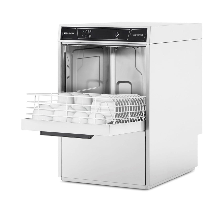 Side profile of an Advantage AD40 Commercial Dishwasher with mugs and crockery inside