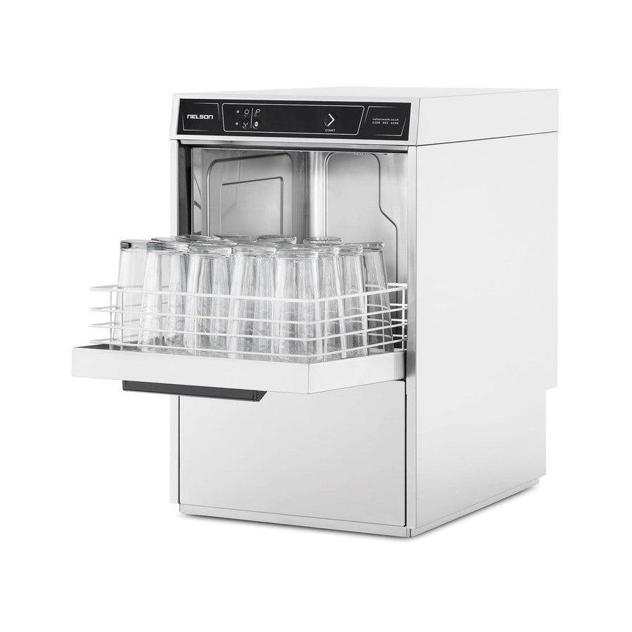 Advantage AD40 Commercial Dishwasher side on with full basket of pint glasses inside