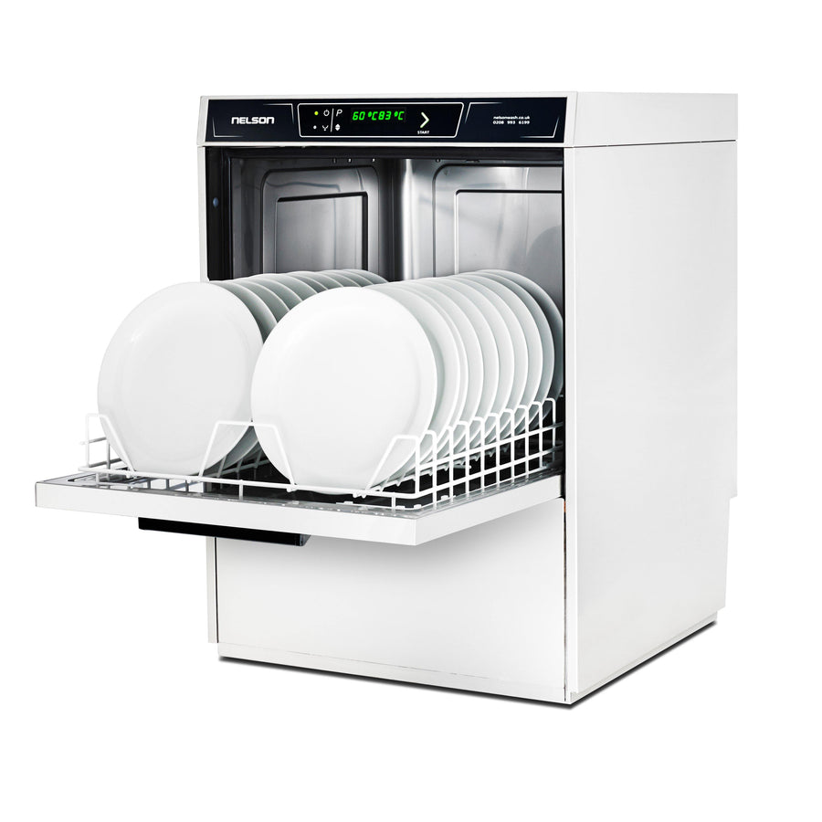 Advantage AD50 Commercial Dishwasher side on with full basket of plates inside
