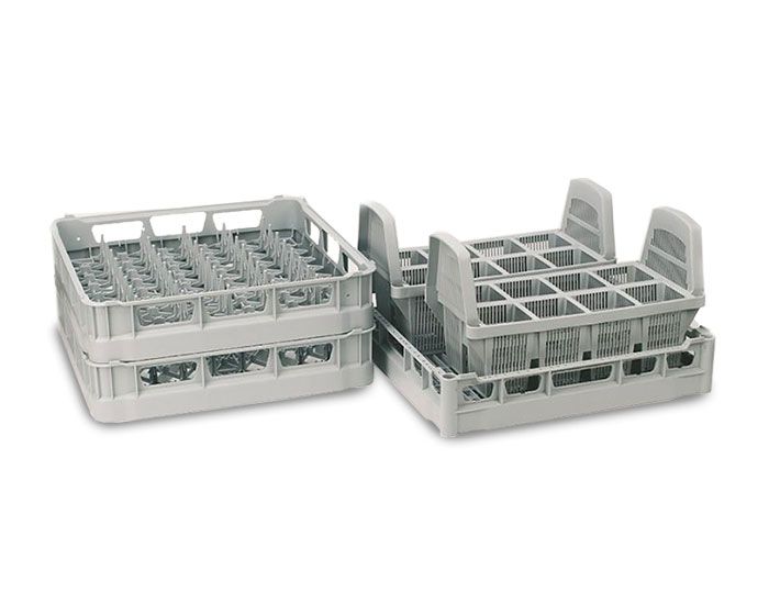 Two 500mm Plastic Pegged Dishwasher Baskets and 2 Plastic 8 Compartment Cutlery Baskets in a 500mm Dishwasher Basket