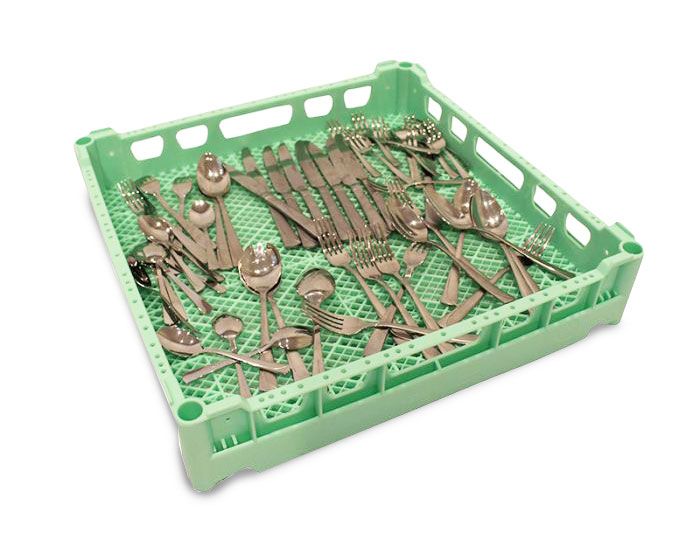 500mm Green Open Cutlery Basket Containing Knives, Forks and Spoons
