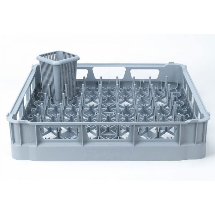 Grey Plastic Cutlery Pot in a 500mm Pegged Dishwasher Basket