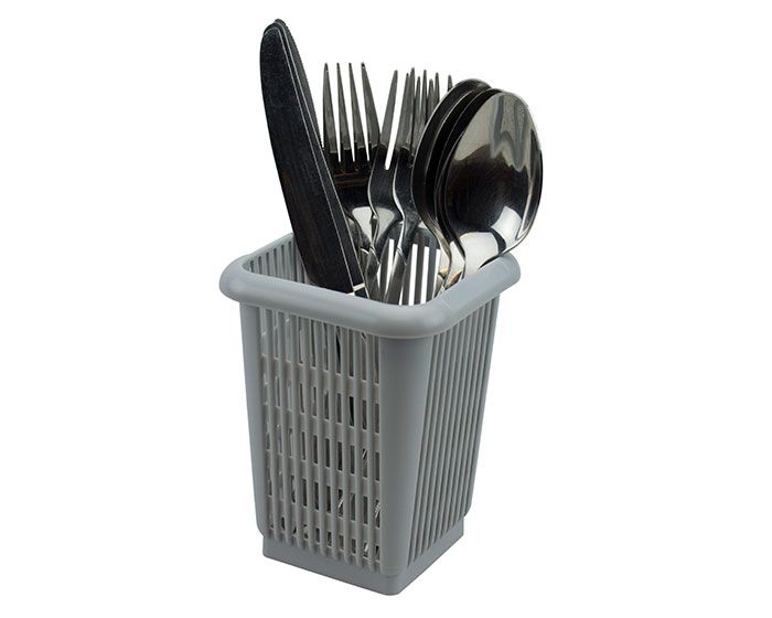 Grey Plastic Cutlery Pot Containing Knives, Forks and Spoons